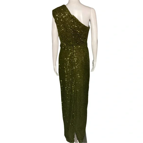 NWT Ieena for Mac Duggal 26694 Olive Sequined Ruched One Shoulder Gown - Sz 8 - Picture 7 of 12